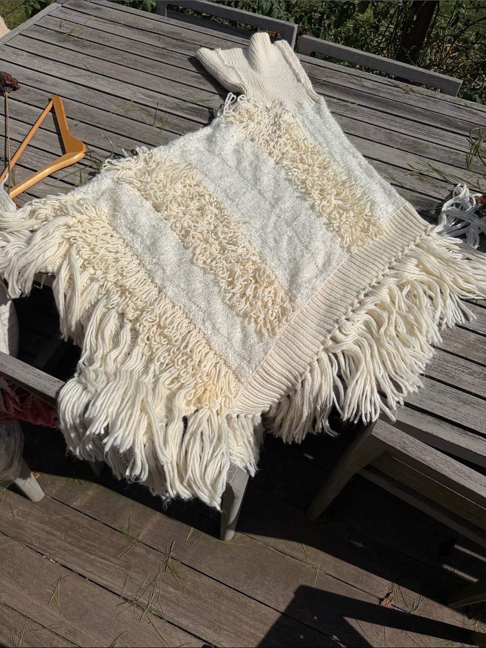 Anthropologie Cream Fringe Knit Poncho with fringe